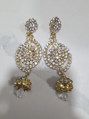 Gold Crystal Spiral Drop Earrings - Clear Rhinestone Jewelry